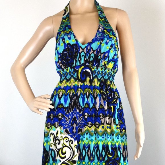 Show Off Your Curves - NWT Bisou Bisou Blue Boho Halter Maxi Dress - M, 6. - Picture 1 of 7